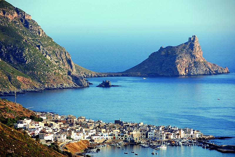 Italy.Sicily. Egadi islands. Marettimo. Punta Troia with his spanish castle and the village of Marettimo.